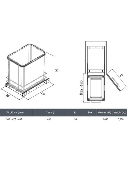 Starax S-2580-A Bağımsız Teleskopik Raylı Zemin Bağlantılı 35 Lt. Antrasit Çöp Kovası - Resim 3