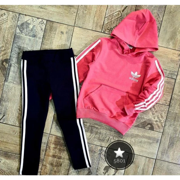 MODAVALS ADIDAS NAKIŞLI KAPİŞONLU KANGURU CEPLİ TAYTLI KIZ ÇOCUK EŞOFMAN TAKIMI - PEMBE - 2