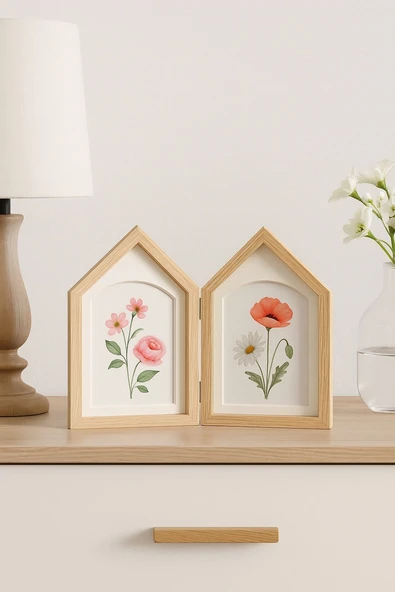 Ev Şekilli Doğal Ahşap İkili Fotoğraf Çerçevesi 10*15 cm ürün görseli