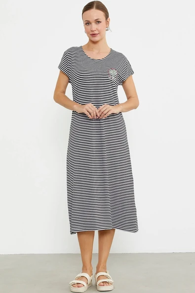 Sementa 77489 Nakış Detaylı Marine Penye Elbise - Resim 12