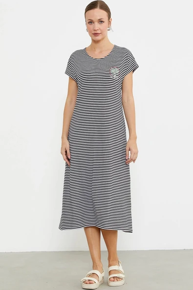 Sementa 77489 Nakış Detaylı Marine Penye Elbise - Resim 11