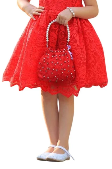 Kız Çocuk Üzeri Boydan Dantel Güpür İşlemeli Şeffaf Tüllü Sıfır Kol Kırmızı Elbise - Resim 6