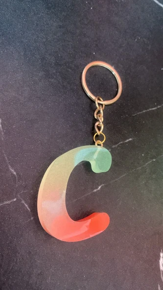 Rengarenk C Harf Şekilli Gold Aksesuarlı Anahtarlık Epoksi El Yapımı Hediyelik - Resim 6
