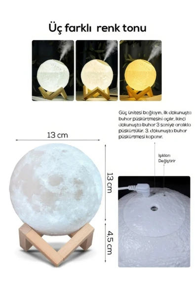3D Renkli Ay Işığı Gece Lambası ve Hava Oda Nemlendirici Ultrasonik Buhar-Dekoratif Gece Lambası - 3