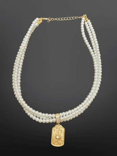 Güneş Sembolü Kolye Uçlu 3 Sıralı İnci Model Bijuteri Kolye | Altın Detaylı & Işıltılı ürün görseli 1