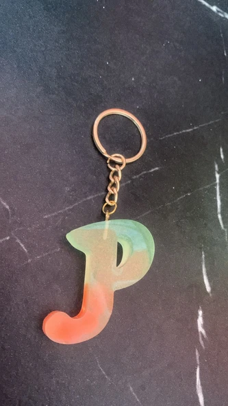 Rengarenk P Harf Şekilli Gold Aksesuarlı Anahtarlık Epoksi El Yapımı Hediyelik - 8