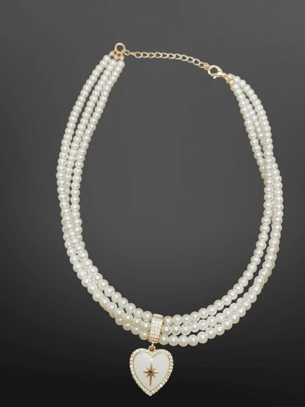 Kalp Uçlu 3 Sıralı İnci Model Bijuteri Kolye | Yıldız Detaylı | Romantik & Zarif ürün görseli 1