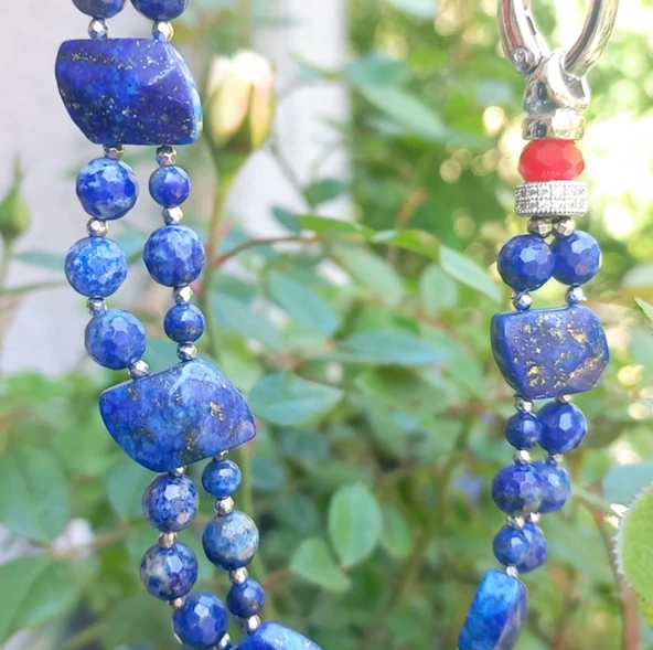 2275 Lapislazuli Mercan el yapımı iki sıralı kolye - 4