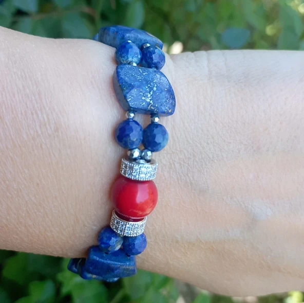 2276 Lapislazuli Mercan el yapımı çift sıra bileklik - 3