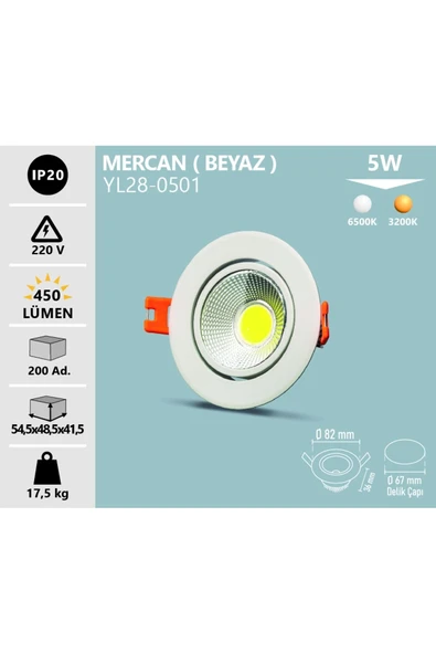 Noas 5w Cob Led Spot Mercan Beyaz Kasa Gün Işığı ürün görseli