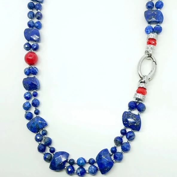 2275 Lapislazuli Mercan el yapımı iki sıralı kolye - 7
