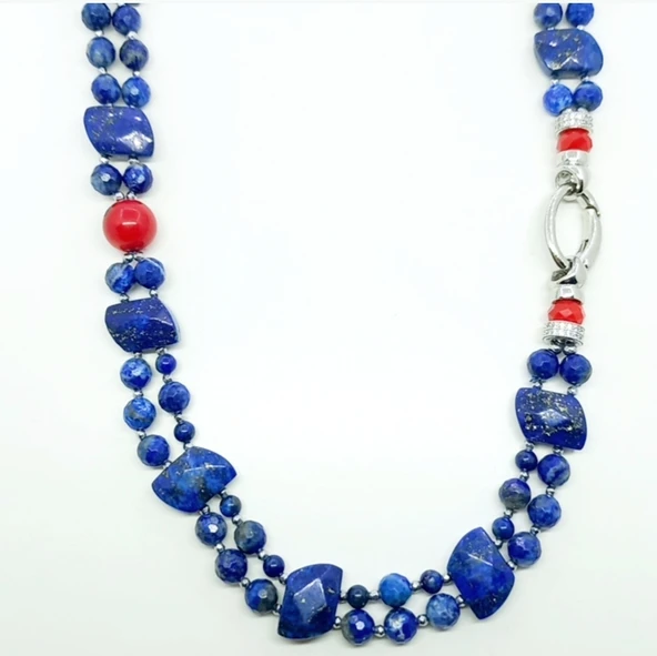 2275 Lapislazuli Mercan el yapımı iki sıralı kolye - 2