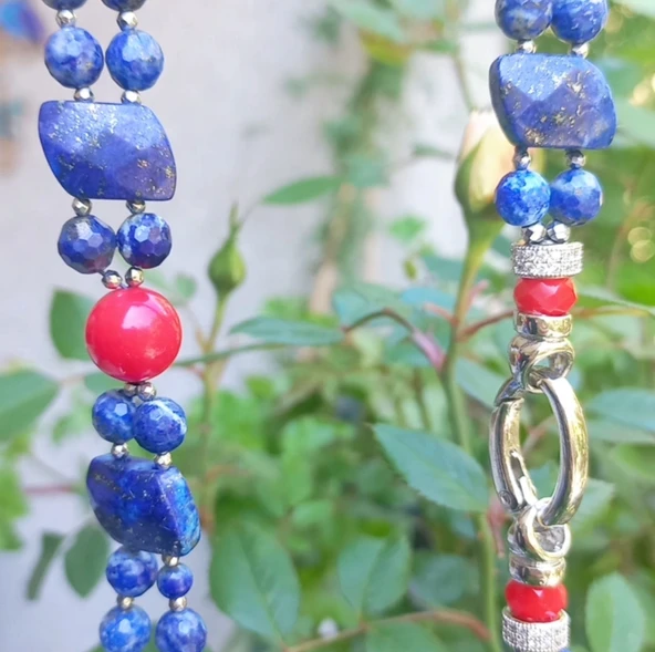 2275 Lapislazuli Mercan el yapımı iki sıralı kolye - 6