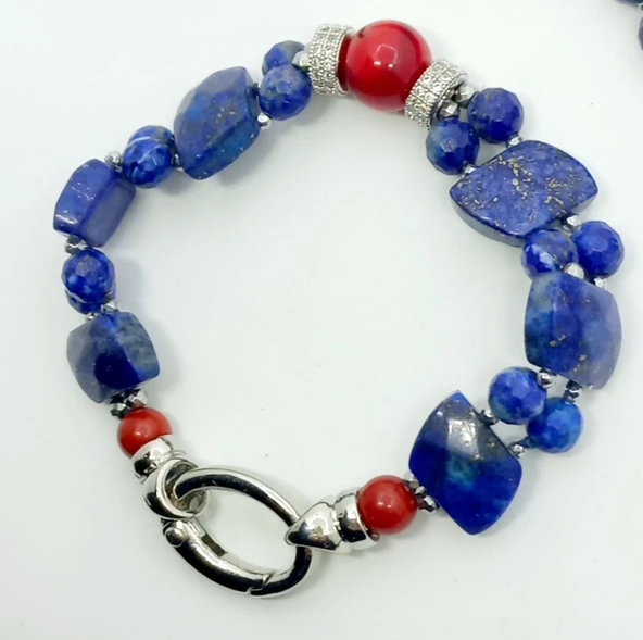 2276 Lapislazuli Mercan el yapımı çift sıra bileklik - 5