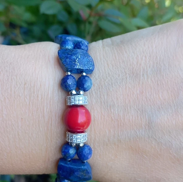 2276 Lapislazuli Mercan el yapımı çift sıra bileklik - 2