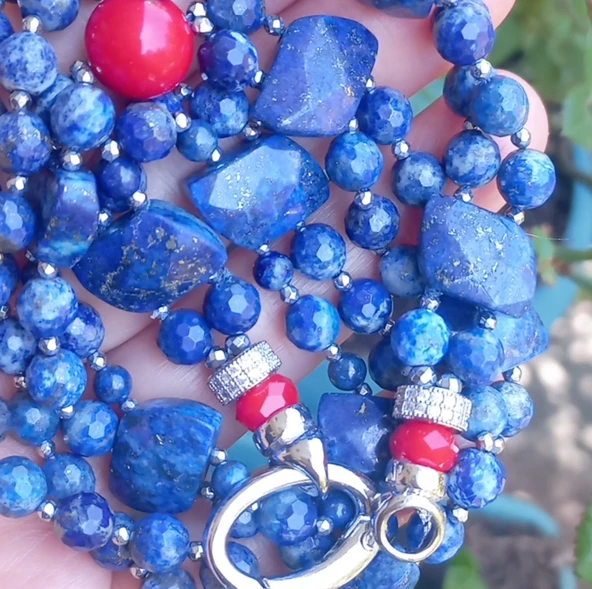 2275 Lapislazuli Mercan el yapımı iki sıralı kolye - 8