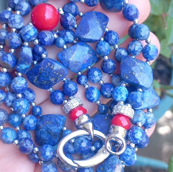 2275 Lapislazuli Mercan el yapımı iki sıralı kolye - 3