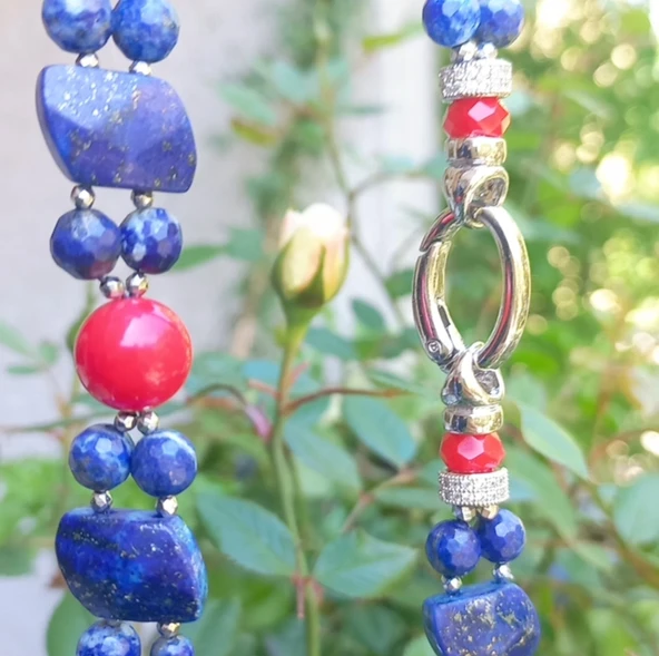 2275 Lapislazuli Mercan el yapımı iki sıralı kolye - 5