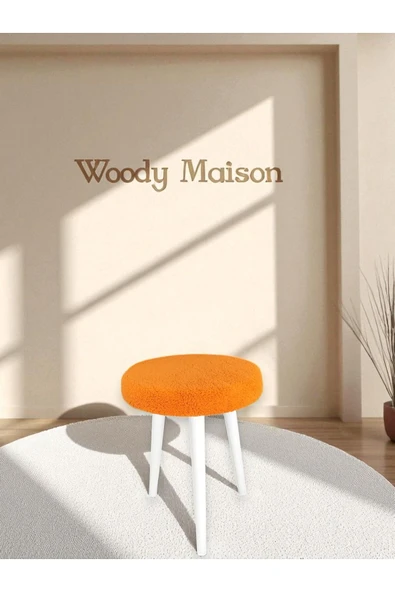 WoodyMaison CİCO Gürgen Ahşap Retro Ayak Dekoratif Beyaz Pelüş Teddy Puf Tabure Bench Koltuk Sandalye - 2
