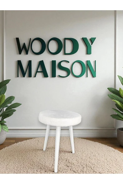 WoodyMaison CİCO Gürgen Ahşap Retro Ayak Dekoratif Beyaz Pelüş Teddy Puf Tabure Bench Koltuk Sandalye