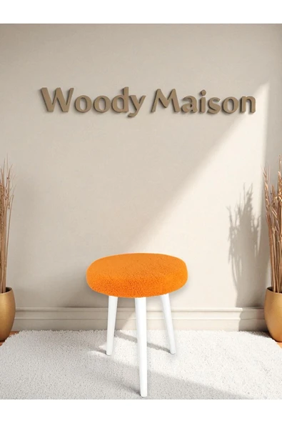 WoodyMaison CİCO Gürgen Ahşap Retro Ayak Dekoratif Beyaz Pelüş Teddy Puf Tabure Bench Koltuk Sandalye - 3