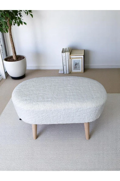 own home Eksen Teddy Kumaş Oval Puf - Geniş Puf - Masif Ahşap Ayaklı, Çok Amaçlı Oturma & Dekoratif Yan Sehpa - 4
