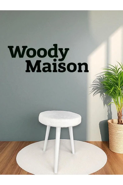 WoodyMaison CİCO Gürgen Ahşap Retro Ayak Dekoratif Beyaz Pelüş Teddy Puf Tabure Bench Koltuk Sandalye - 3