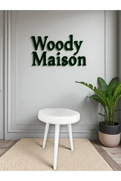 WoodyMaison CİCO Gürgen Ahşap Retro Ayak Dekoratif Beyaz Pelüş Teddy Puf Tabure Bench Koltuk Sandalye - 2