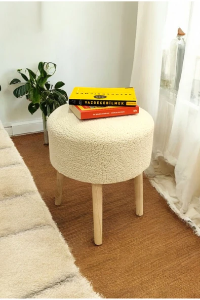 PEKA Ahşap Ayaklı Peluş Puf - Handmade Sandalye Oval Retro Bench