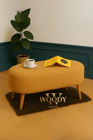 WoodyMaison Rustika CAMEL Renk Teddy Kumaş Puf Bench Koltuk Tabure 34 x 90 x 42 cm Ahşap Ayak Metal Bağlantı - 3