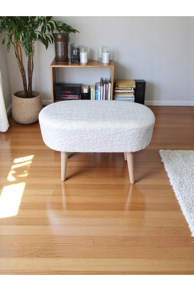own home Eksen Teddy Kumaş Oval Puf - Geniş Puf - Masif Ahşap Ayaklı, Çok Amaçlı Oturma & Dekoratif Yan Sehpa - 2