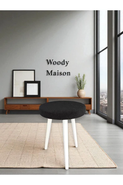 WoodyMaison CİCO Gürgen Ahşap Retro Ayak Dekoratif Beyaz Pelüş Teddy Puf Tabure Bench Koltuk Sandalye - 3