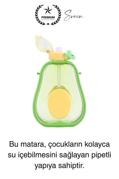 Pipetli Sızdırmaz Kapak Taşıma Askılı Sevimli Avokado Su Şişesi Çocuk Okul Suluk Matarası Tritan - 3
