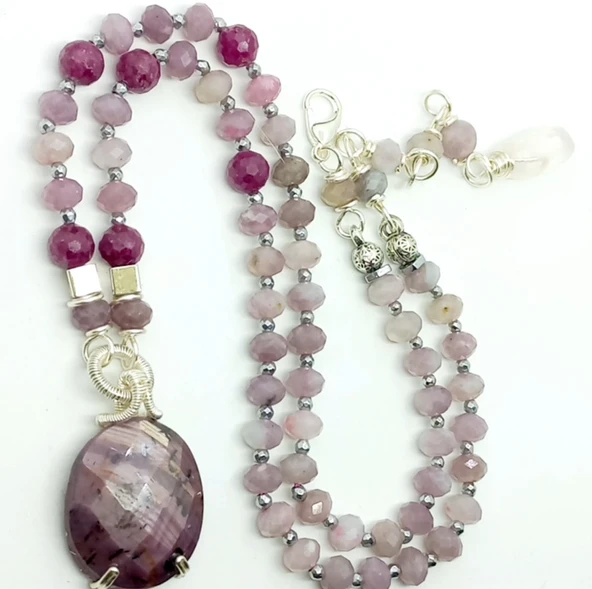 2263 Kök Safir Kunzit kök Yakut el yapımı kolye - 3