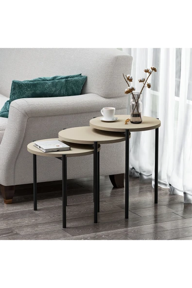 Betroya  Zuba Zigon Sehpa 3’lü Yuvarlak, Metal Ayaklı, Modern Tarz, Kahve, Servis ve Sunum Sehpası - 3