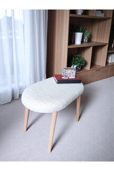 own home Minimalist Teddy Kumaş Tabure, Ahşap Ayaklı Tabure, Salon, Ofis, Makyaj Masası, Yemek Masası - 2