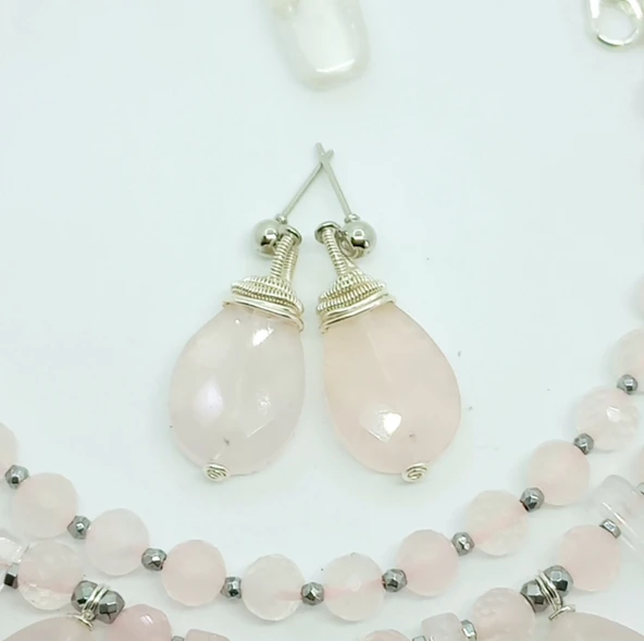 2261 Pembe Kuvars el yapımı küpe - 5