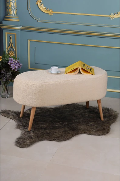 PufyHome LUNA PELUŞ KREM LARGE 90 CM GÜRGEN AYAKLI PUF KOLTUK BENCH