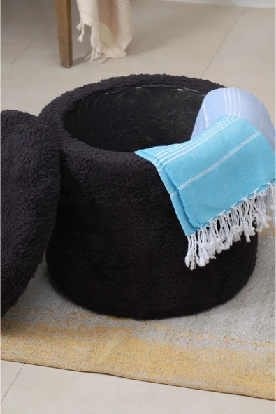 PUFMANYA PANDORA SİYAH PELUŞ LARGE 45 CM SANDIKLI PUF BENCH KOLTUK - 2