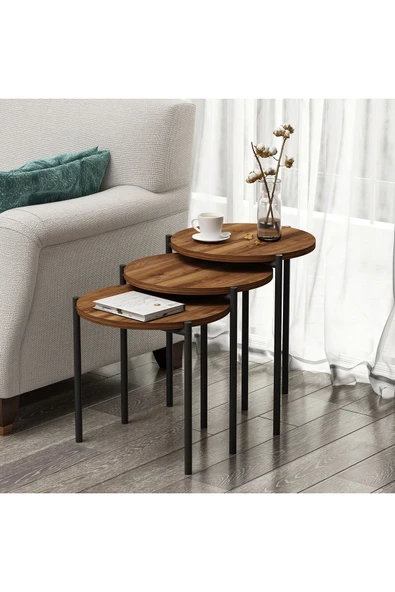 Betroya  Zuba Zigon Sehpa 3’lü Yuvarlak, Metal Ayaklı, Modern Tarz, Kahve, Servis ve Sunum Sehpası