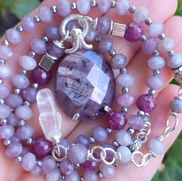 2263 Kök Safir Kunzit kök Yakut el yapımı kolye