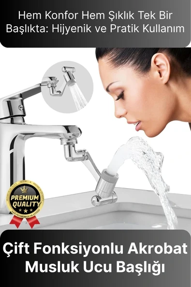 Çok Amaçlı Filtreli 2 Fonksiyonlu Mutfak Banyo 1080 Derece Dönebilen Akrobat Musluk Ucu Başlığı ürün görseli