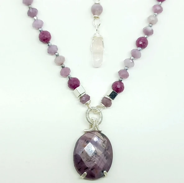 2263 Kök Safir Kunzit kök Yakut el yapımı kolye - 4