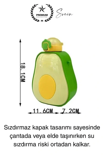 Pipetli Sızdırmaz Kapak Taşıma Askılı Sevimli Avokado Su Şişesi Çocuk Okul Suluk Matarası Tritan - 2