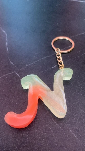 Rengarenk N Harf Şekilli Gold Aksesuarlı Anahtarlık Epoksi El Yapımı Hediyelik - 8