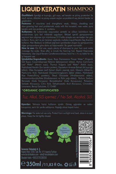 Tuzsuz Sülfatsız Organik Besleyici Keratin Şampuanı (350ML) - Saç Dökülmesine Karşı Doğal Çözüm - 5