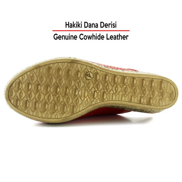 Erkan Saçmacı Aria Kırmızı Hakiki Dana Derisi Önü Kapalı Mantar Taban Görünümlü Dolgu Topuklu Terlik - 6