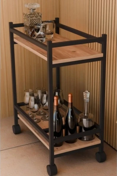 ED PET DİZAYN Servis Sunum Arabası Şaraplık Ev Tipi Iki Katlı Şişe Bölmeli - 3