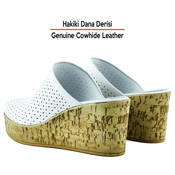 Erkan Saçmacı Aria Beyaz Hakiki Dana Derisi Önü Kapalı Mantar Taban Görünümlü Dolgu Topuklu Terlik - 5