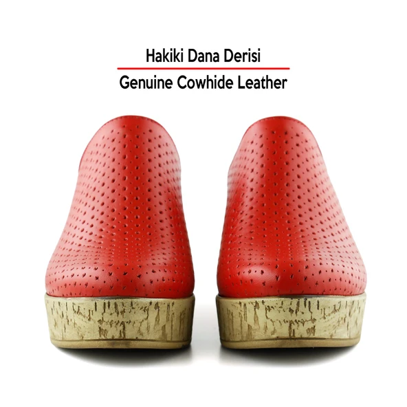 Erkan Saçmacı Aria Kırmızı Hakiki Dana Derisi Önü Kapalı Mantar Taban Görünümlü Dolgu Topuklu Terlik - 4